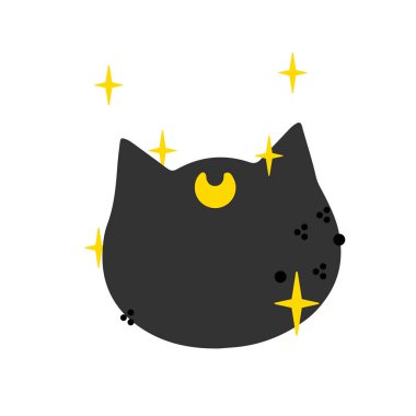 Cadı kedisi. Beyaz arkaplanda vektör çizimi izole edildi. Çıkartmalar, iğneler, yamalar için.