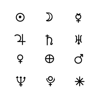 Vektör. Beyaz arkaplandaki gezegenlerin astrolojik sembolleri izole edildi