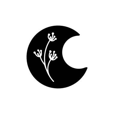Çiçek ay faz sembolü. Güzel kara ay dövme tasarımı. Göksel Hilal, Astroloji Hilal 'ini izole etti. Göksel botanik vektör çizimi beyaz arka planda izole edilmiş gizemli büyücülük mistik boho tasarımı