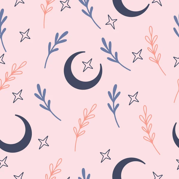 seamless pattern with beautiful moon and flowers vector illustration, eps repeat background pink and purle pattern mystic celestial boho esoteric design green witch astrology celectial botanic hand drawn