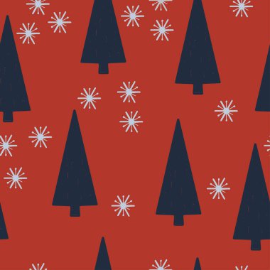 Mavi ve kırmızı Noel Yeni Yıl 'da pürüzsüz patentsiz koyu mavi Noel kadını ve kırmızı zemin üzerinde kar taneleri.