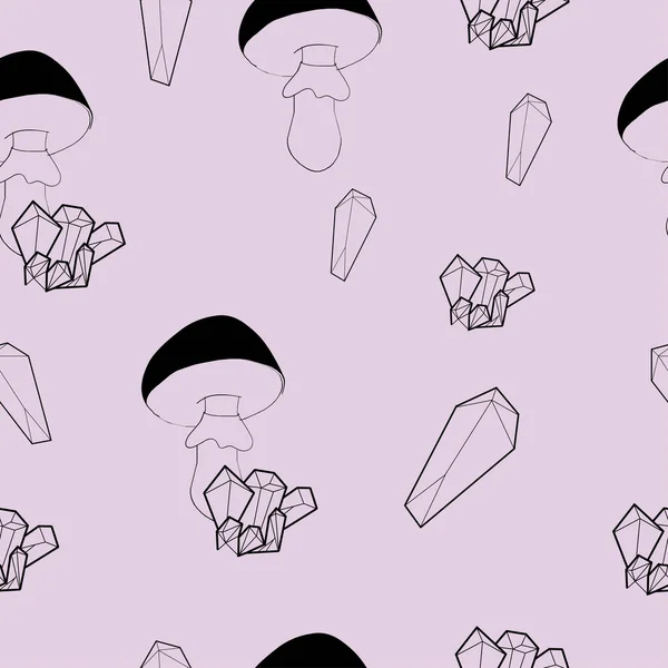 ushroom and crystals esoteric boho seamless pattern on light pink background witchy esoteric celestial seamless pattern crystals lineart
