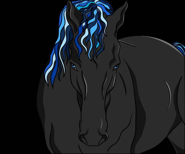 青いたてがみを持つ黒い妖精の馬 — ストック写真