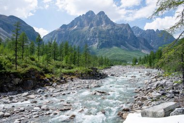 Orta Sakukan nehrinin güzel vadisi Kodar dağ sırasının arka planına karşı. Trans-Baykal Bölgesi, Kodar Ulusal Parkı. 