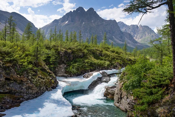 Den Vackra Dalen Mellansakukan Floden Mot Bakgrund Kodar Bergskedjan Trans — Stockfoto