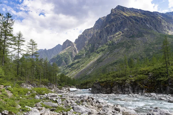 Orta Sakukan nehrinin güzel vadisi Kodar dağ sırasının arka planına karşı. Trans-Baykal Bölgesi, Kodar Ulusal Parkı.