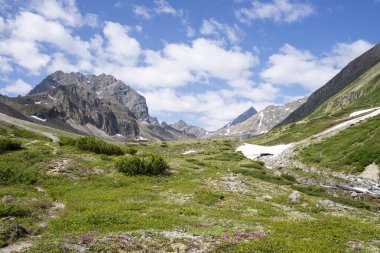 Orta Sakukan nehrinin güzel vadisi Kodar dağ sırasının arka planına karşı. Trans-Baykal Bölgesi, Kodar Ulusal Parkı.