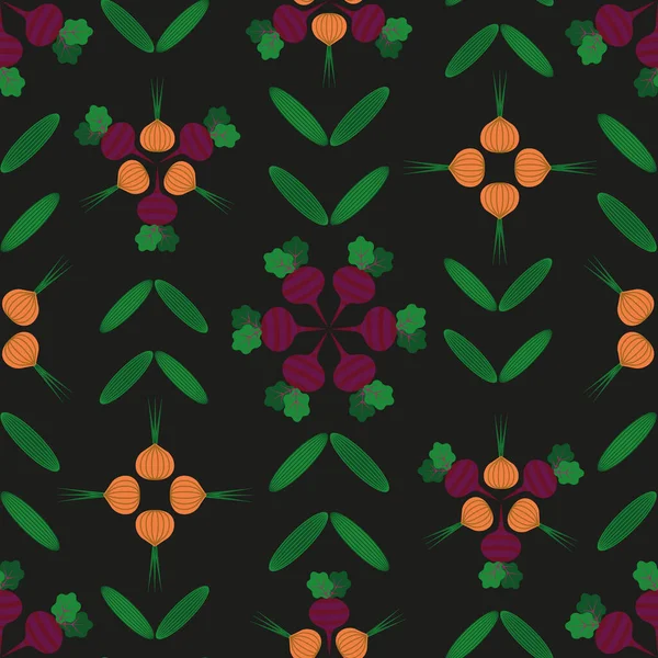 Zwart abstract modern folk veggie patroon print achtergrond — Stockvector