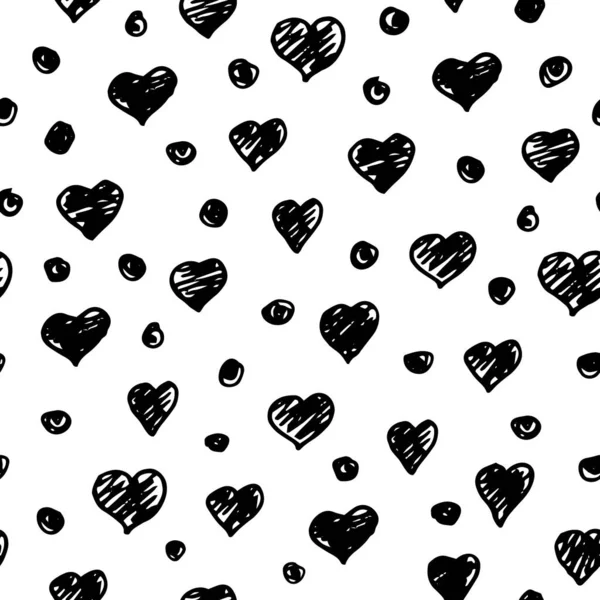 Svart och vit klotter hjärta polka dot mönster tryck bakgrund — Stock vektor