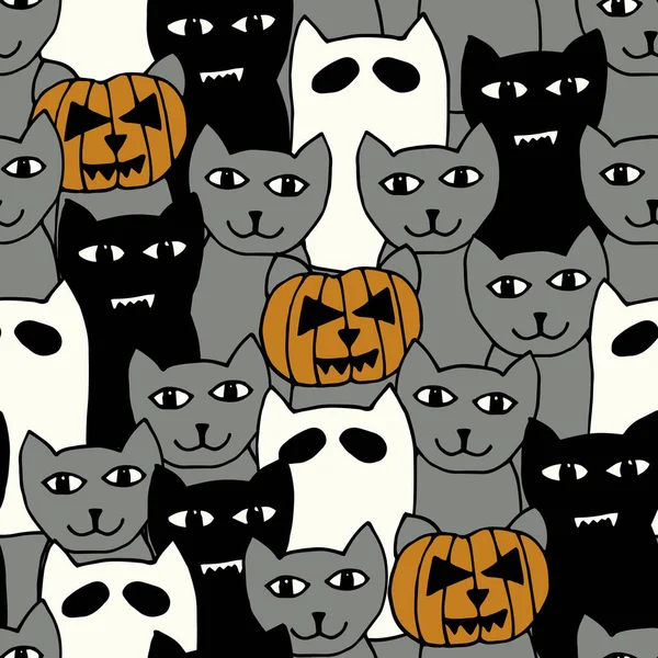 Cinza Halloween gato doodle padrão fundo de impressão — Vetor de Stock