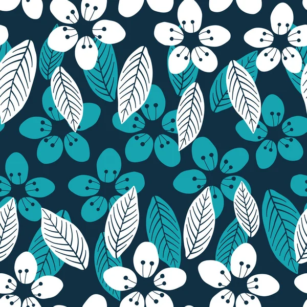 Navy blue and white cherry flower branch striped seamless pattern background — 스톡 벡터