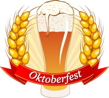  Oktoborfest için vektör tebrik kartı, bira ve buğday kulaklı bir bardak çizimi 