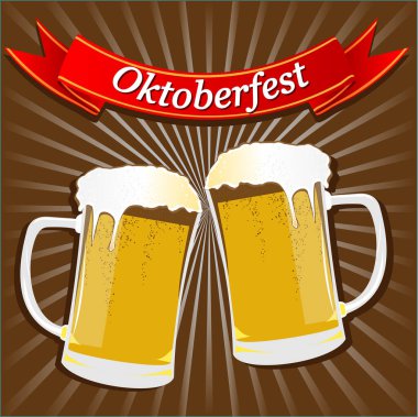 Oktoborfest için vektör tebrik kartı, biralı iki bardak çizim 