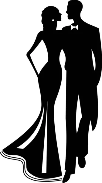 Vector Black White Silhouette Couple Love Girl Boy Bride — Stock Vector