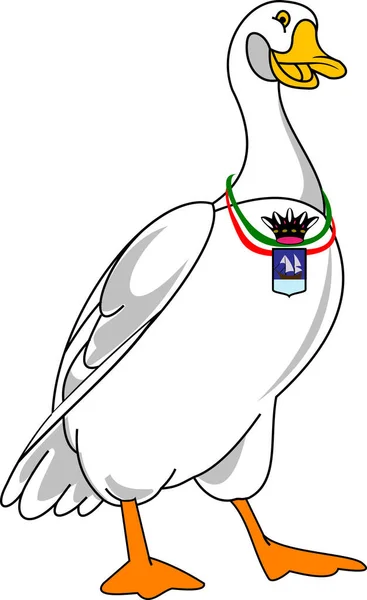Disegno Animazione Oca Bianca Con Ordine Uno Stemma Sul Petto — Vettoriale Stock