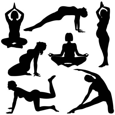 Yoga ve yoga yapan hamile bir kadının siluetini çizen vektör. 