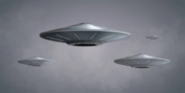 UFO spaceship with light beam — Stock Vector