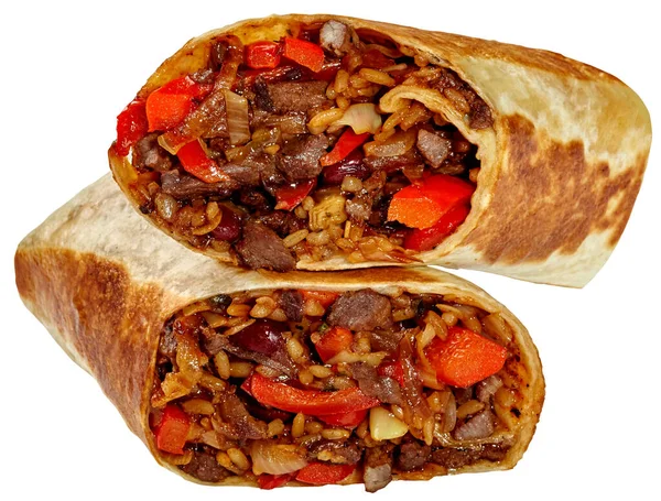 Burrito grelhado com carne bovina e legumes isolados sobre fundo branco — Fotografia de Stock