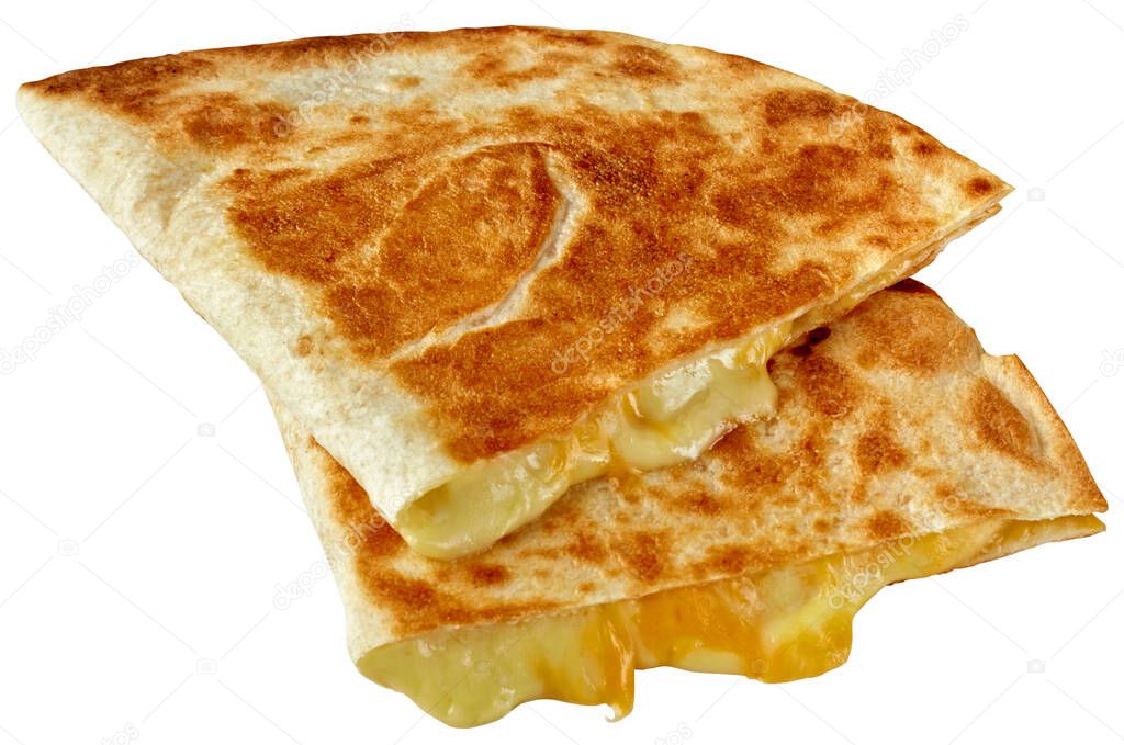 Two halves of quesadilla of corn tortilla with cheese isolated on white