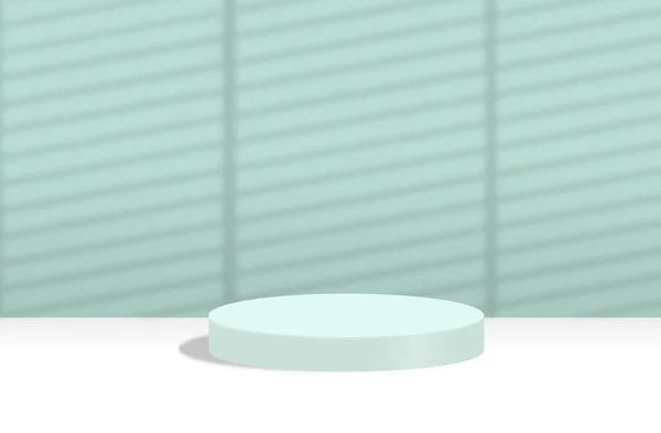 Empty cylindrical platform on blue pastel backdrop with shadow of window louvers — 图库照片