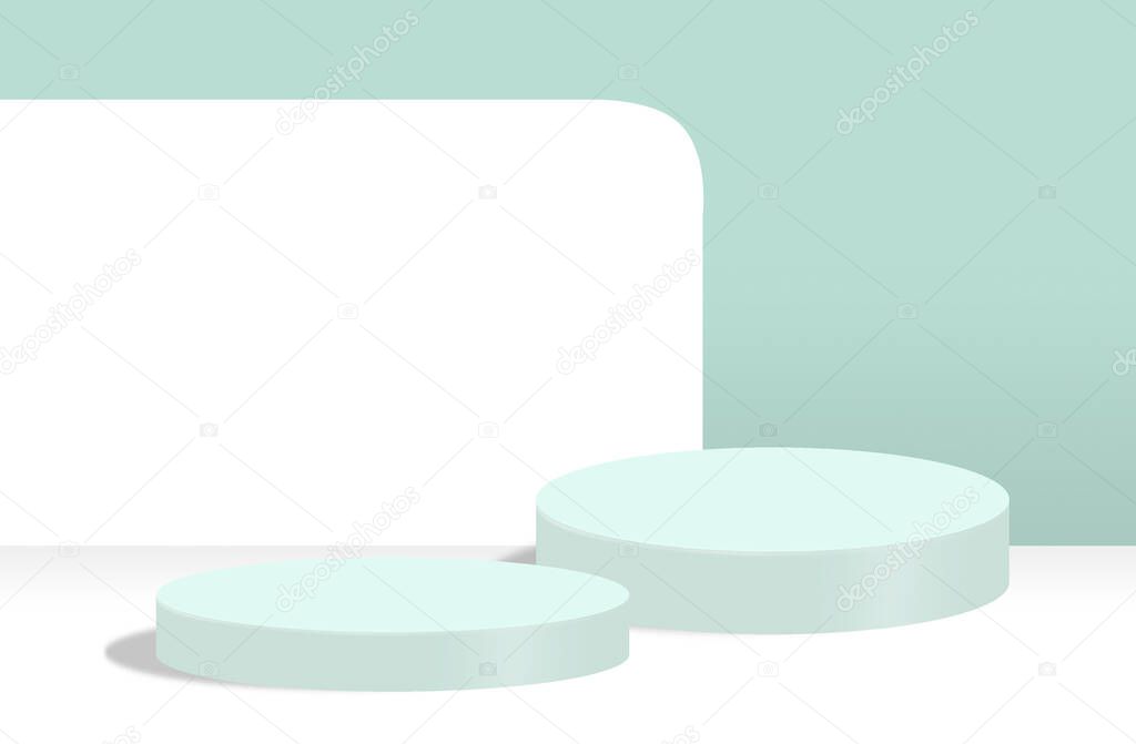 Two round platforms for product presentation on abstract white and light blue background