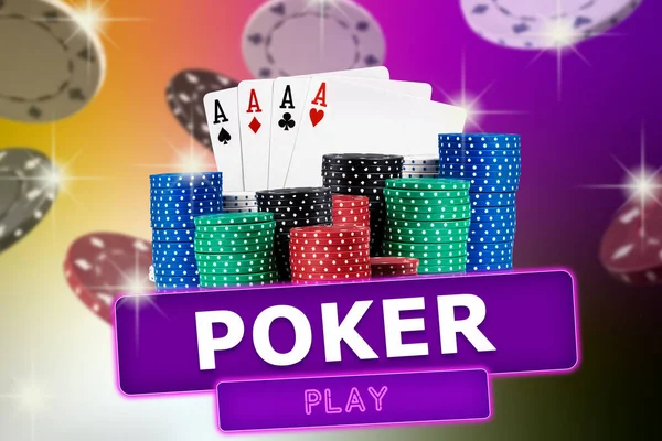 Τέσσερις άσσοι πίσω από στοίβες από μάρκες σε πολύχρωμο αφρώδες φόντο. Μερικές μάρκες πετάνε. Κολάζ με επιγραφή παιχνίδι πόκερ. Καζίνο. — Φωτογραφία Αρχείου