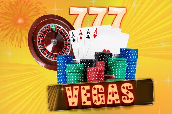 Four aces behind stacks of chips, colorful sparkling background. Three sevens and roulette behind. Collage with inscription vegas. Casino. Close-up — Foto Stock