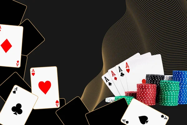 Four aces and stacks of colorful chips against black background. Collage with copy space for your text or images. Gambling, poker, casino. Close-up — Foto Stock