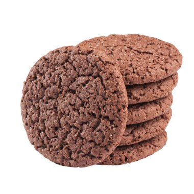 Sweet chocolate biscuits with sugar stacked on white background