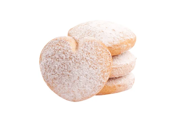 Heart shaped butter cookies with powdered sugar on white background — Zdjęcie stockowe