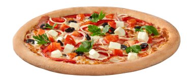 Pizza with creamy cheese sauce, ham, mozzarella, tomatoes, bell peppers, onions, parsley and black olives