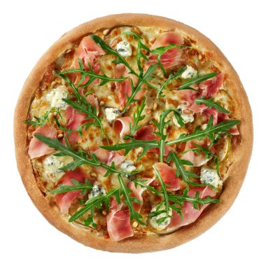 Top view of Pinoli pizza with cheese and cream sauce, mozzarella, prosciutto, gorgonzola, pears, pine nuts and arugula
