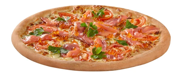 Pizza with smoked salmon, red caviar, cream cheese sauce, melted mozzarella and tomatoes — Stockfoto