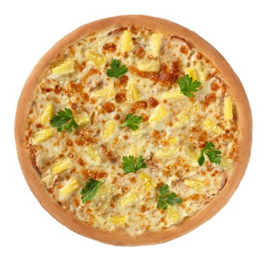 Tavuk, ananas, peynir sosu ve susamlı mozzarella soslu Hawaii pizzası.