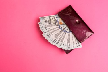 Pembe arka planda kırmızı kadın çantasında bir sürü dolar var.