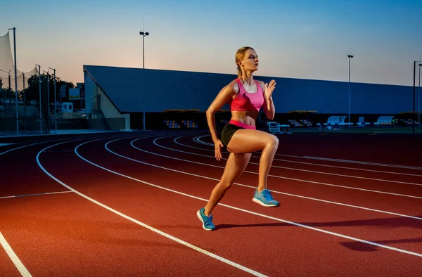 Corredor corriendo hacia el éxito en pista de atletismo. Concepto de logro de metas . — Foto de Stock