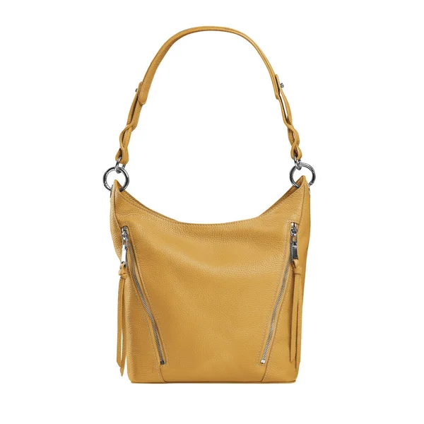 Елегантна жовта сумка середнього розміру з натуральної шкіри ізольована на білому — стокове фото