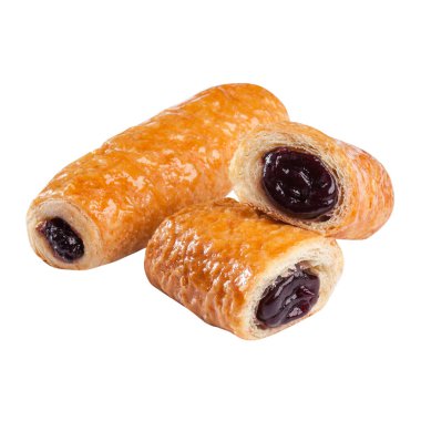 Beyaz üzerine izole edilmiş erik reçeli dolu taze puf börekleri.