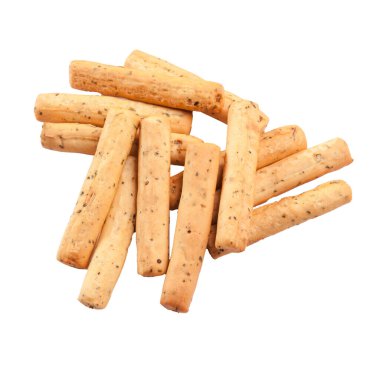 Soğanla dolu çıtır ekmek çubukları ve beyaza izole edilmiş otlar.