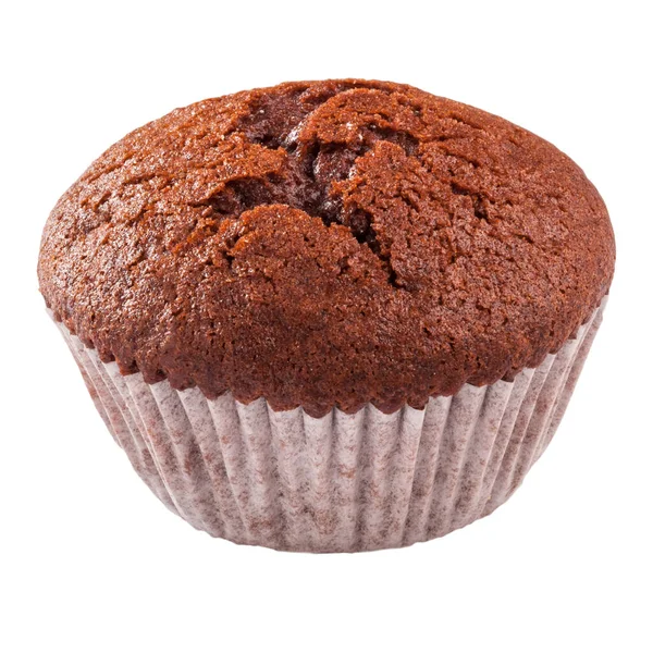 Muffin al cioccolato in tazza di carta isolata su sfondo bianco — Foto Stock