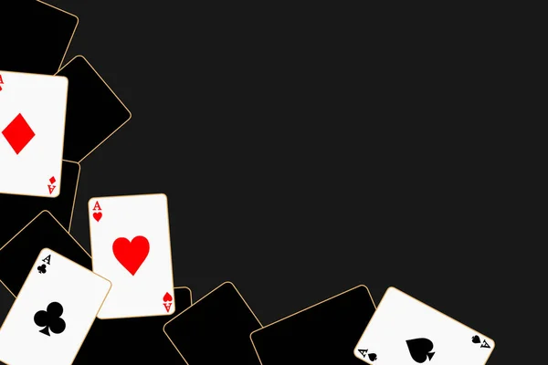 Foto de cuatro ases sobre fondo negro. Jugando cartas. Juego, póquer, concepto de casino. Collage con espacio de copia para su texto o imágenes. Primer plano — Foto de Stock