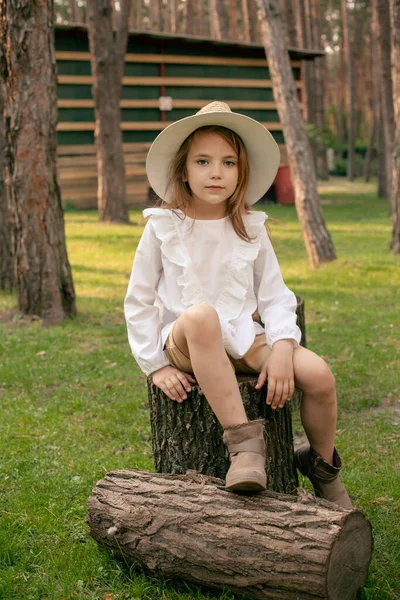 Девочка-подросток сидит на деревянном пне на зеленой лужайке в летнем парке — стоковое фото
