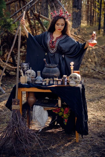 Bruxa bonita em preto, vestido longo, com coroa vermelha em seu cabelo longo. A posar em pinhal. Feitiços, magia e bruxaria. Retrato de comprimento total. — Fotografia de Stock