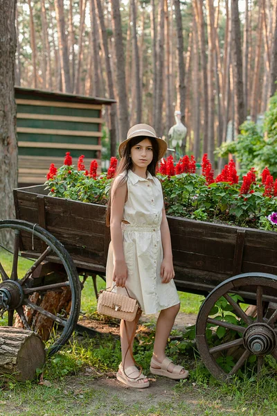 Brune entre fille posant près de chariot en bois vintage utilisé comme lit de fleurs dans le parc — Photo