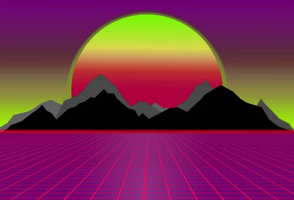 Sci-fi style années 80, fond violet et rose avec coucher de soleil derrière les montagnes noires et grises. illustration futuriste, modèle d'affiche. Onde de synthèse. — Photo