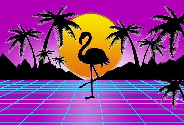 Sci-Fi im Stil der 80er Jahre, lila Hintergrund mit gelbem Sonnenuntergang hinter schwarzen Bergen, Palmen und Flamingo. futuristische Illustration oder Plakatvorlage. — Stockfoto