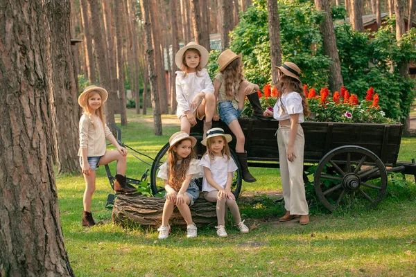 Дружелюбные девочки-подростки позируют рядом с деревянным клумбом в форме тележки в загородном поместье — стоковое фото