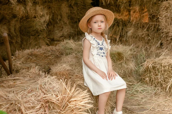 Klein blond meisje zit op hooiberg in hooizolder op zomerdag — Stockfoto