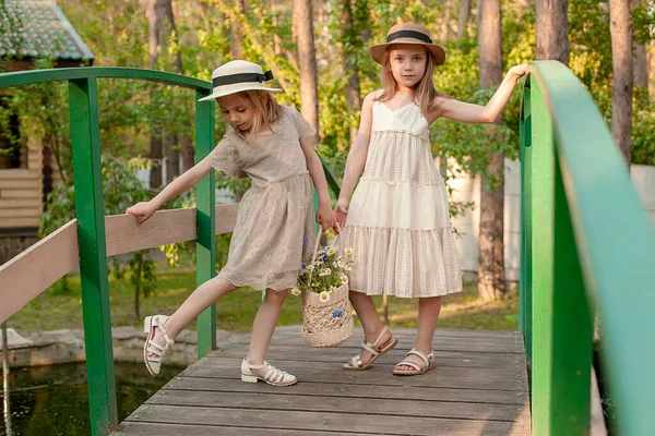 Детки стоят летом на деревянном мосту через пруд в загородном поместье — стоковое фото
