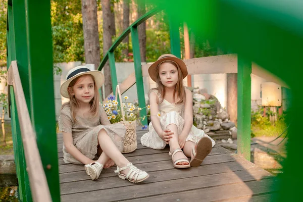 Twee kleine meisjes rustend op houten brug over vijver op zomerlandgoed — Stockfoto